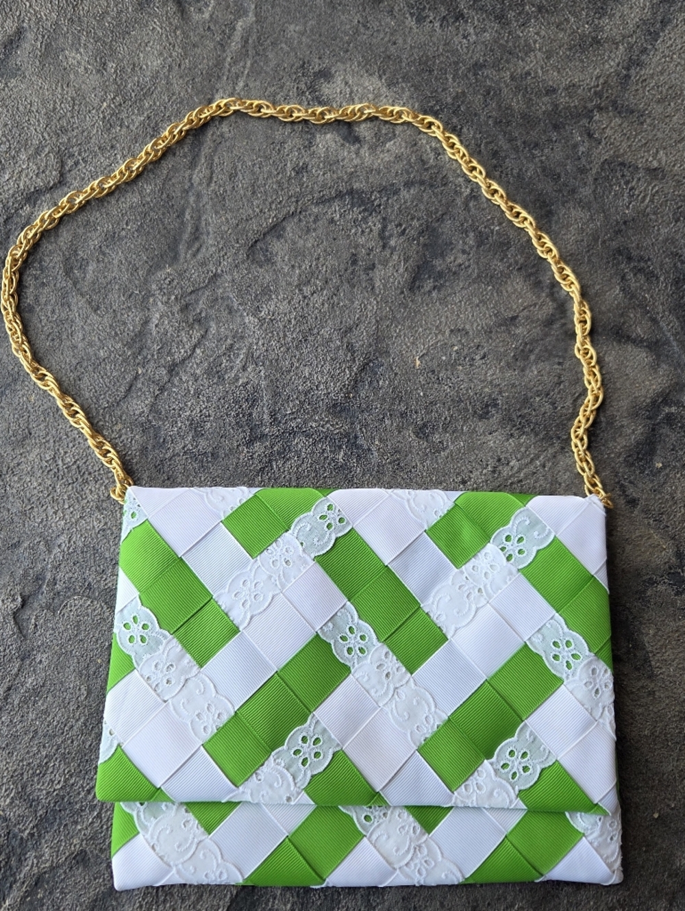 Green and White Vintage BABS' Hand Woven Ribbon Shoulder Clutch Gold Chain Strap
